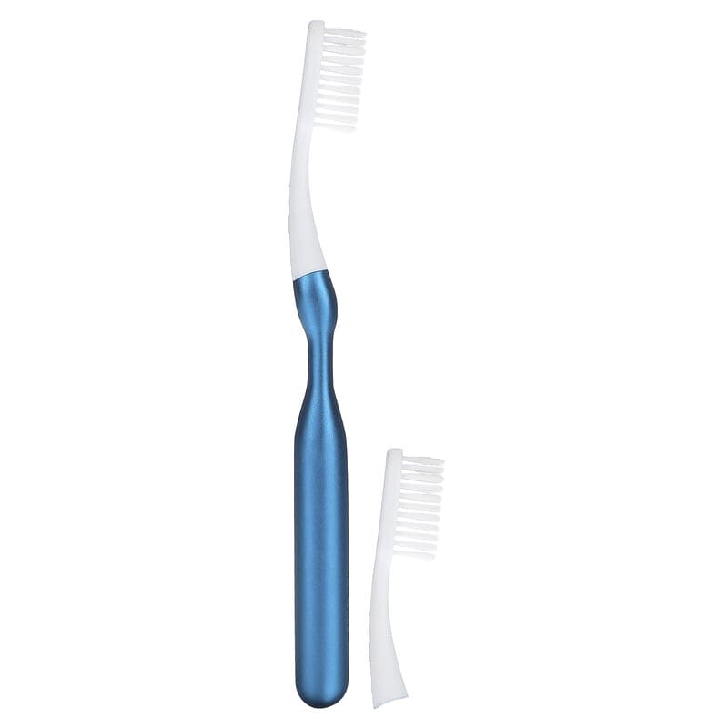 Hello, Aluminum Toothbrush with Replaceable Brush Heads, Soft, Blue, 1 Toothbrush and 1 Replaceable Brush Head