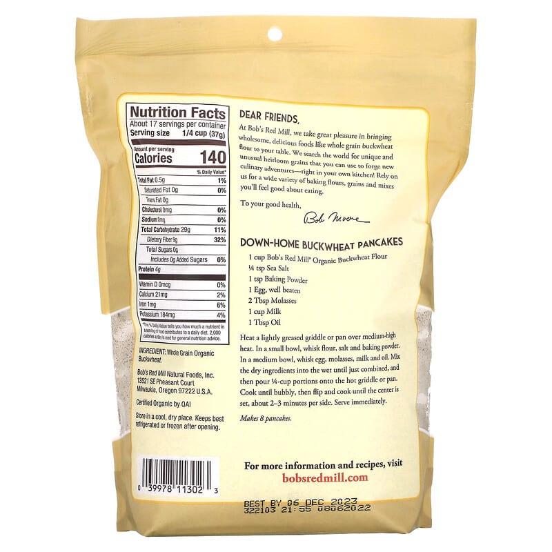 Bob's Red Mill, Organic Buckwheat Flour, Whole Grain, 22 oz (624 g)