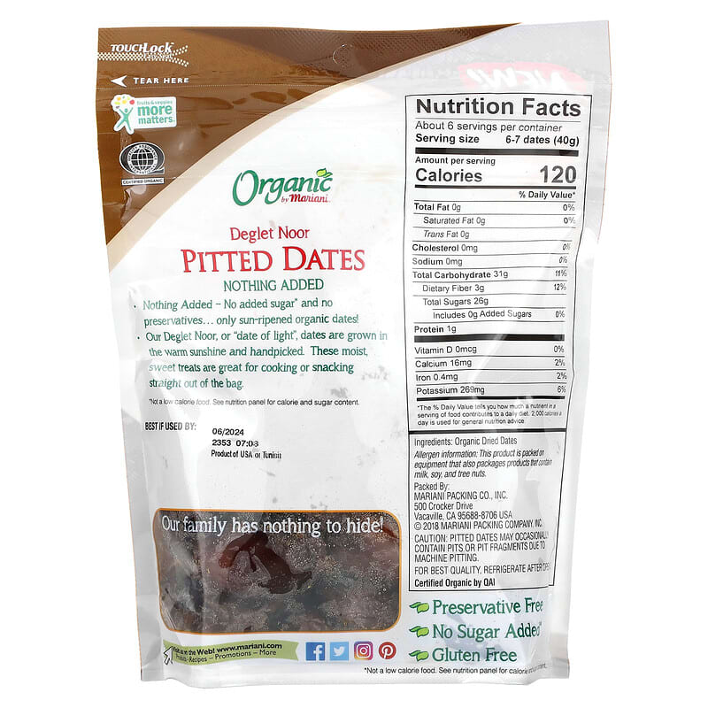 Mariani Dried Fruit, Organic Deglet Noor Pitted Dates, 8 oz ( 227 g)