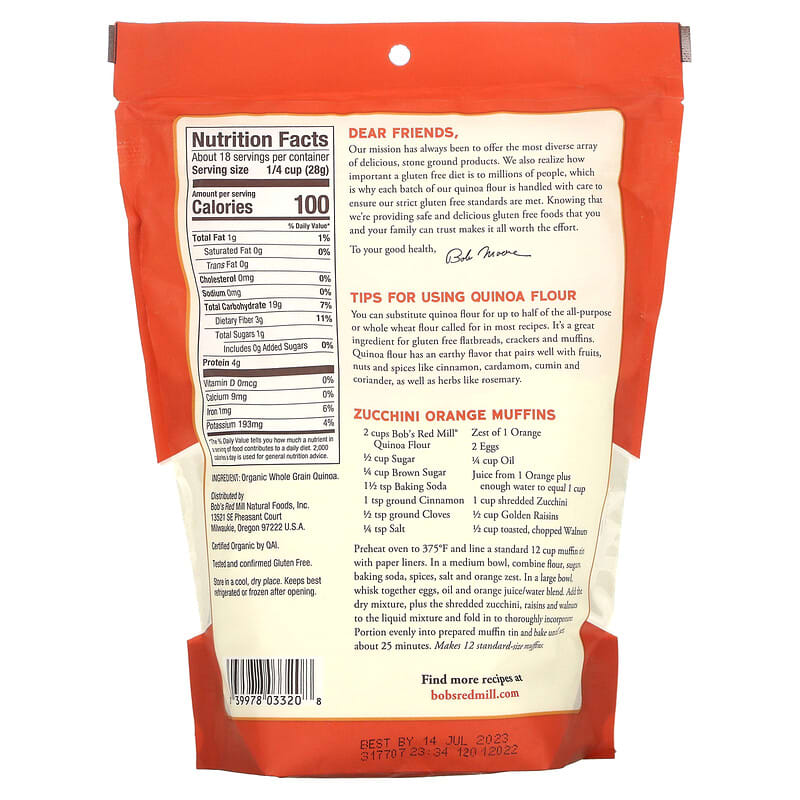 Bob's Red Mill, Organic, Whole Grain Quinoa Flour, 18 oz (510 g)