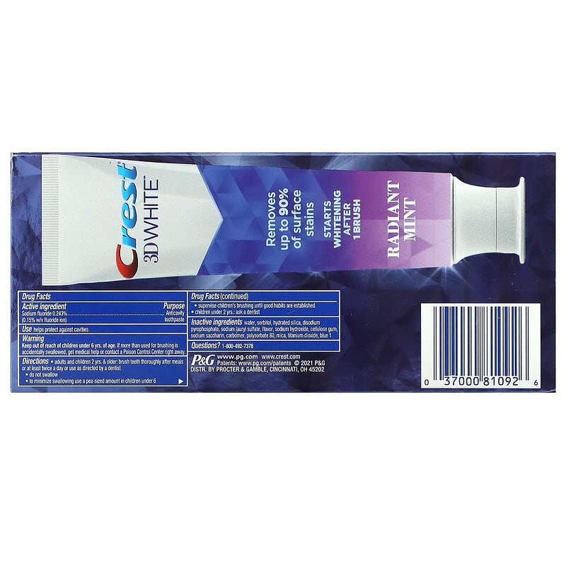 Crest, 3D White, Fluoride Anticavity Toothpaste, Radiant Mint, 2 Pack, 3.8 oz (107 g) Each