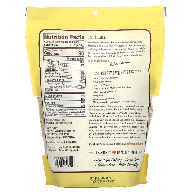 Bob's Red Mill, Finely Ground Hazelnut Flour, Gluten Free, 14 oz (396 g)