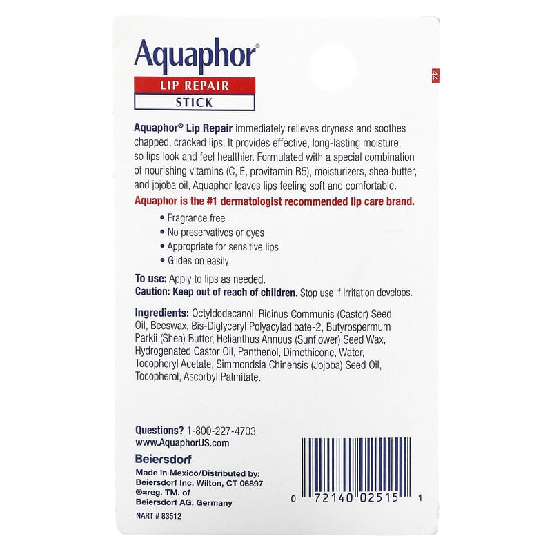 Aquaphor, Lip Repair, Stick, Immediate Relief, Fragrance Free, 1 Stick,  0.17 oz (4.8 g)