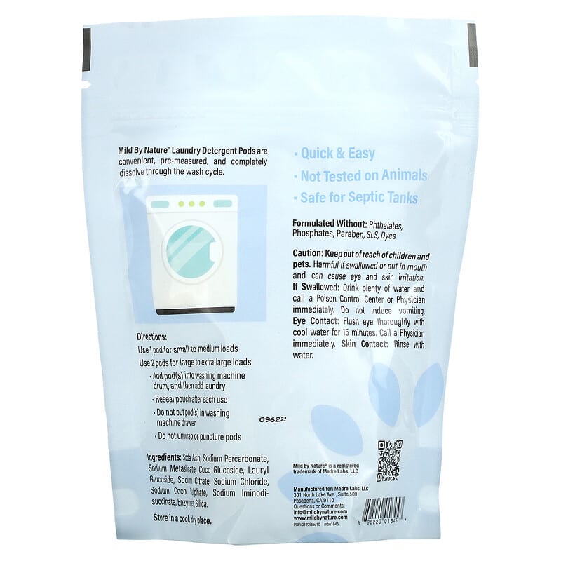 Mild By Nature, Laundry Detergent Pods, Unscented, 10 Loads, 0.39 lbs, 6.24 oz (177 g)