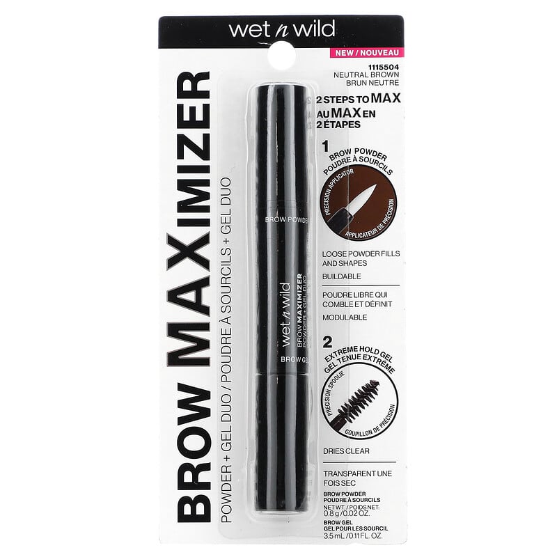 wet n wild, Brow Maximizer, Powder + Gel Duo, Neutral Brown, Powder - 0.02 oz (0.8 g), Gel - 0.11 fl oz (3.5 ml)