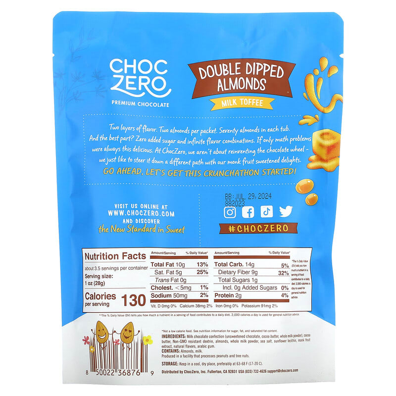 ChocZero, Premium Chocolate, Double Dipped Almonds, Milk Toffee, 3.5 oz (100 g)