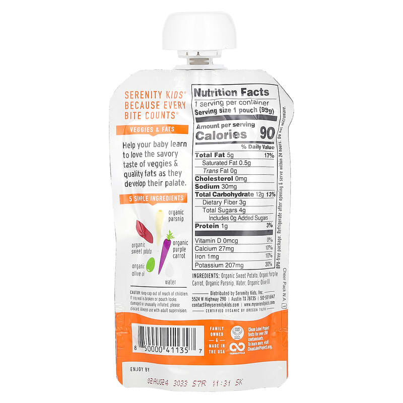 Serenity Kids, Organic Sweet Potato & Parsnips with Purple Carrot & Olive Oil, 6+ Months, 3.5 oz (99 g)