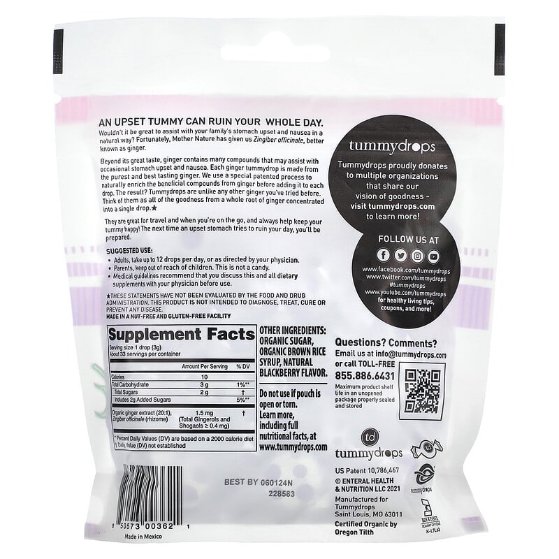 Tummydrops, Organic Sweet Blackberry Ginger , 33 Lozenges, 3.7 oz (105 g)