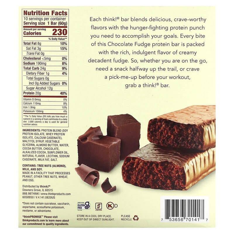 Think !, High Protein Bars, Chocolate Fudge, 10 Bars, 2.1 oz (60 g) Each