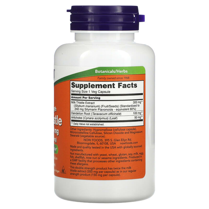 NOW Foods, Milk Thistle Extract, Double Strength, 300 mg, 100 Veg Capsules