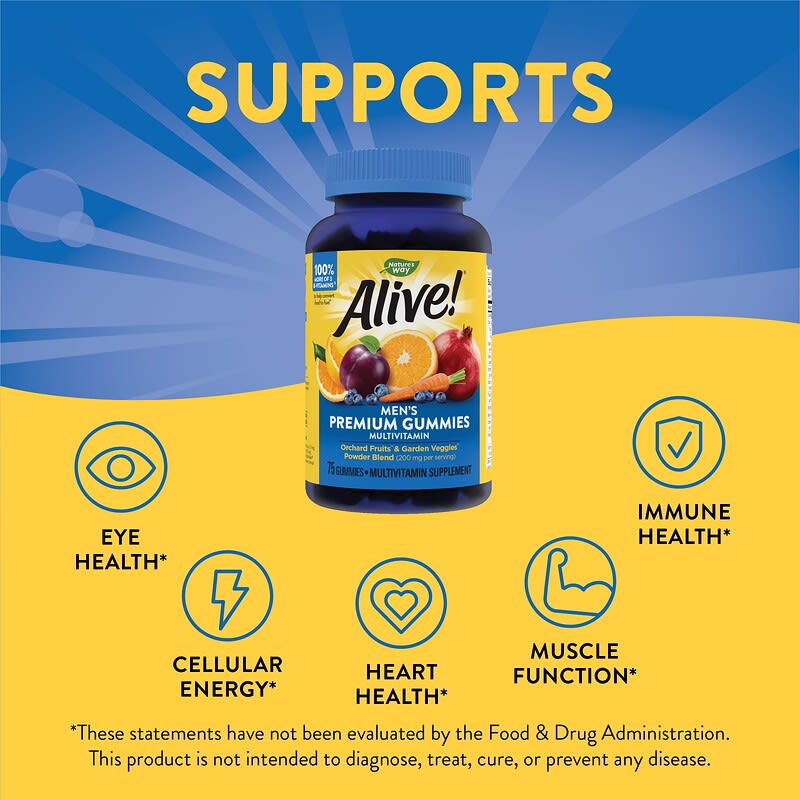 Nature's Way, Alive! Men's Premium Gummies Multivitamin, Orange, Grape & Cherry, 75 Gummies