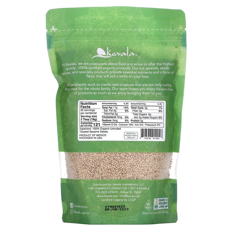 Kevala, Organic Toasted Sesame Seeds, Unhulled, 16 oz (454 g)