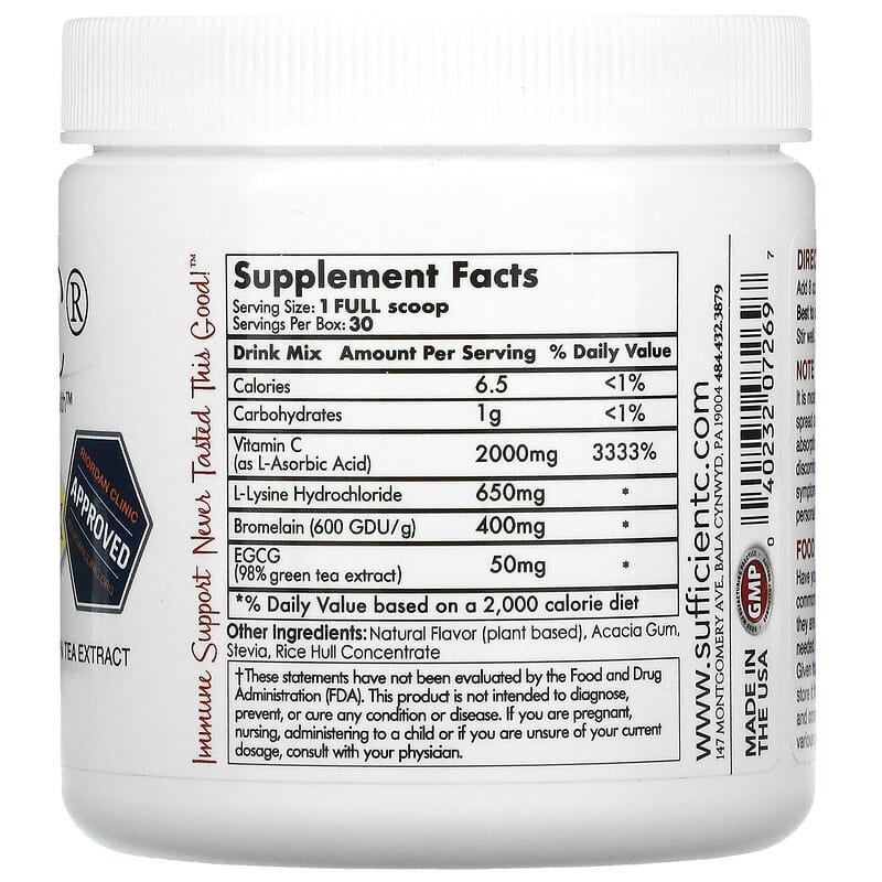 Sufficient C, High Dosed Immune-Ade Drink Mix, Lemon Peach, 125 g