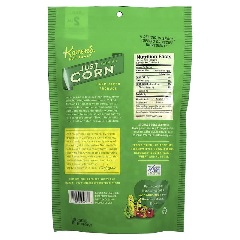 Karen's Naturals, Premium Freeze-Dried Veggies, Just Corn, 8 oz (224 g)