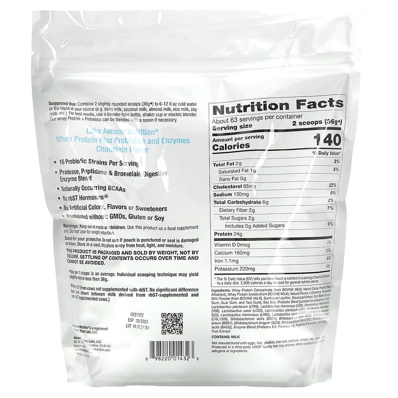 Lake Avenue Nutrition, Whey Protein + Probiotics, Chocolate, 5 lb Pouch (2.27 kg)