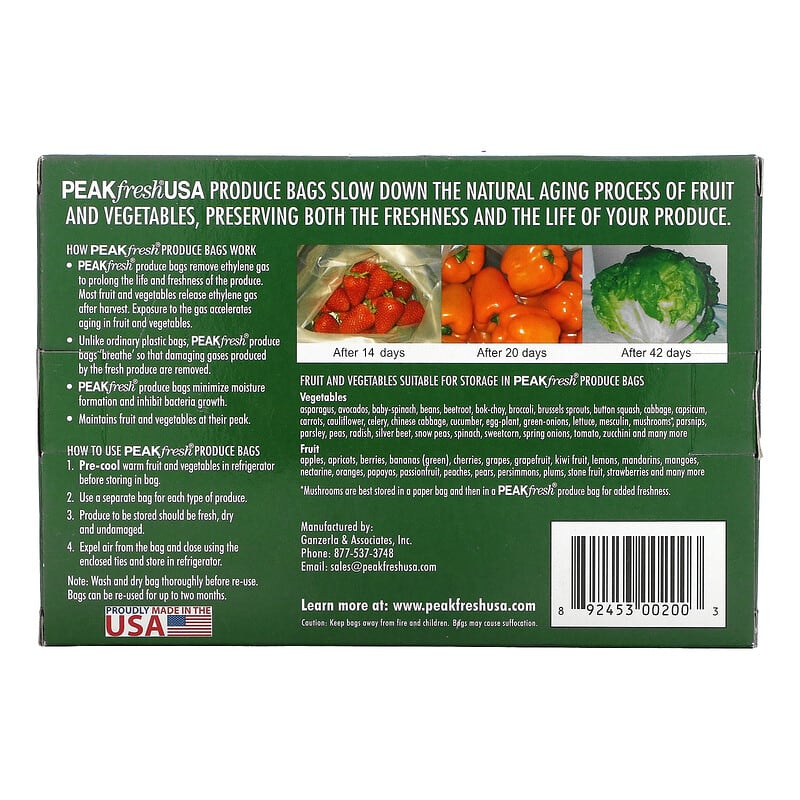 PEAKfresh USA, Produce Bags with Twist Ties, Reusable, 10 Bags