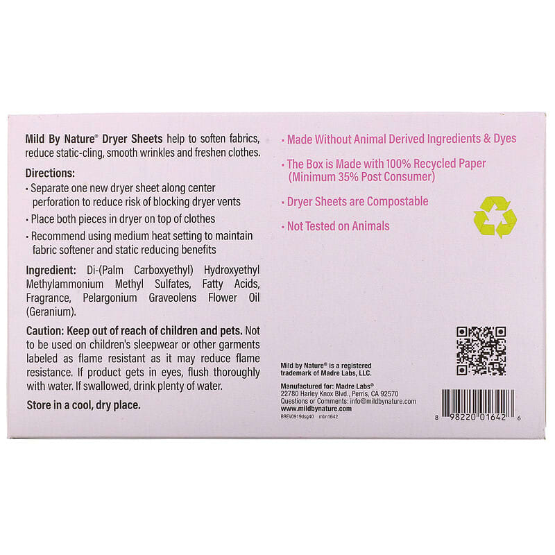 Mild By Nature, Dryer Sheets, Geranium, 40 Compostable Sheets