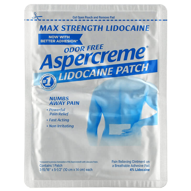 Aspercreme, Pain Relief Patch with 4% Lidocaine, Max Strength, Fragrance-Free, 5 Patches, (10 cm x 14 cm) Each