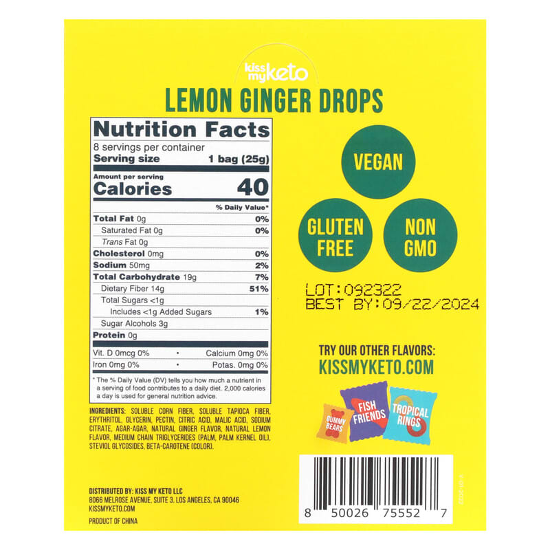 Kiss My Keto, Gummy Candy, Lemon Ginger Drops, 8 Bags, 0.88 oz (25 g) Each