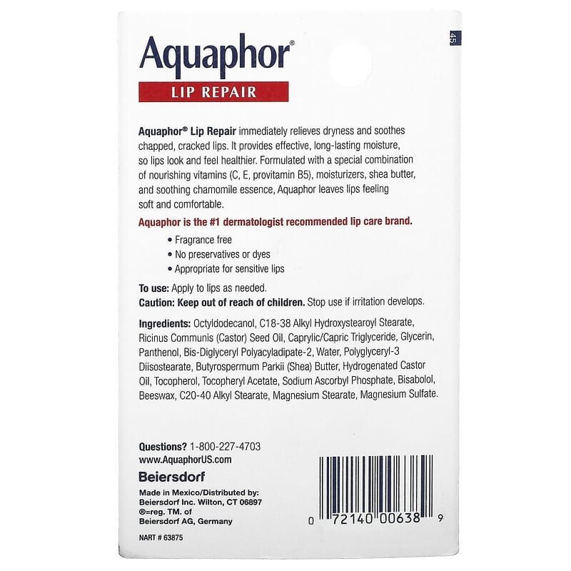 Aquaphor, Lip Repair, Immediate Relief, Fragrance Free, 0.35 fl oz (10 ml)