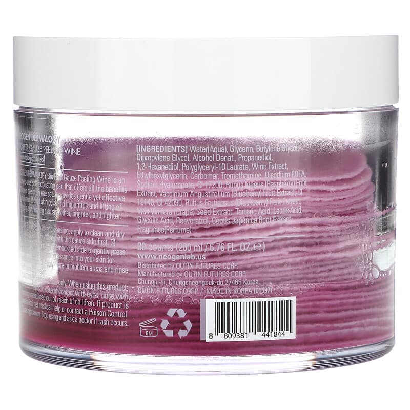 Neogen, Dermalogy, Bio-Peel + Advanced Treatment, Gauze Peeling, Wine, 30 Count, 6.76 fl oz (200 ml)