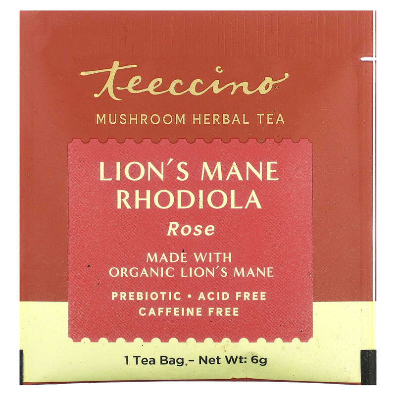 Teeccino, Mushroom Herbal Tea, Lion's Mane Rhodiola, Rose, Caffeine Free, 10 Tea Bags, 2.12 oz (60 g)