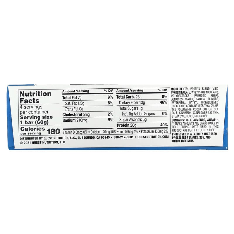 Quest Nutrition, Protein Bar, Oatmeal Chocolate Chip, 4 Bars, 2.12 oz (60 g) Each