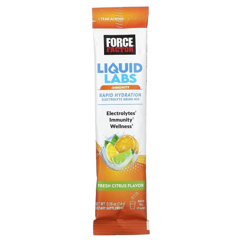 Force Factor, Liquid Labs Immunity, Rapid Hydration Electrolyte Drink Mix, Fresh Citrus, 20 Stick Packs, 0.26 oz (7.4 g) Each