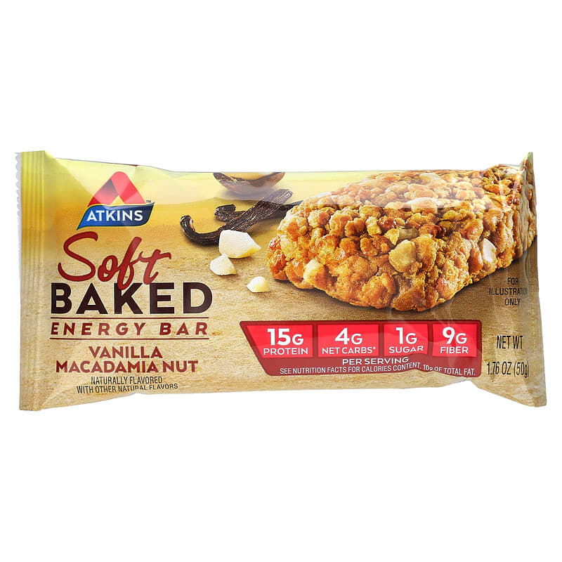 Atkins, Soft Baked Energy Bar, Vanilla Macadamia Nut, 5 Bars, 1.76 oz (50 g) Each