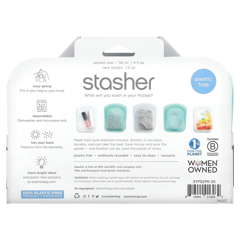 Stasher, Reusable Silicone Storage Bag, Pocket Size, Clear & Aqua, 2 Pack, 4 oz (42 g) Each