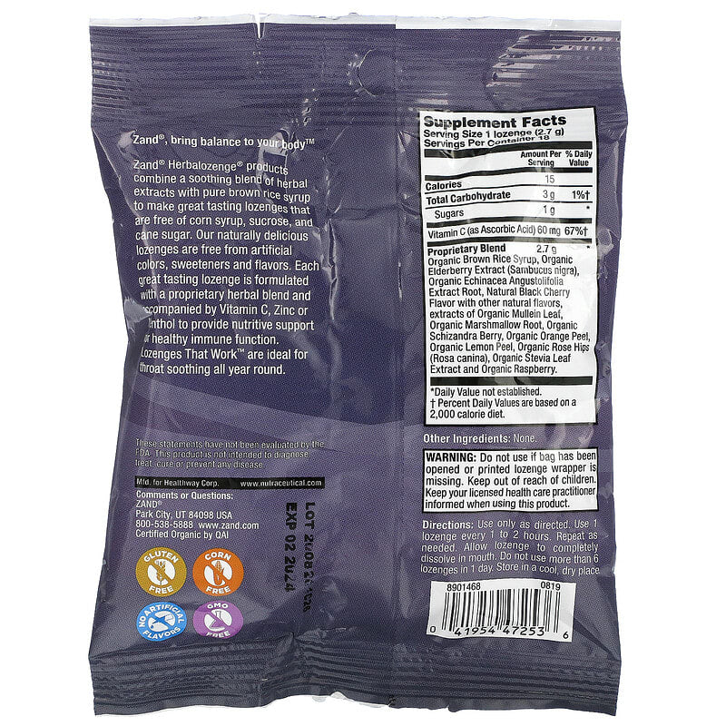 Zand, Naturals, Organic Elderberry C, Berry Soother, 18 Throat Lozenges