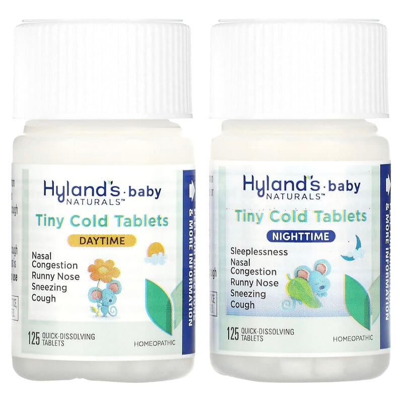 Hyland's Naturals, Baby, Tiny Cold Tablets Combo Pack, Daytime/Nighttime, 6+ Months, 2 Bottles, 125 Quick-Dissolving Tablets Each