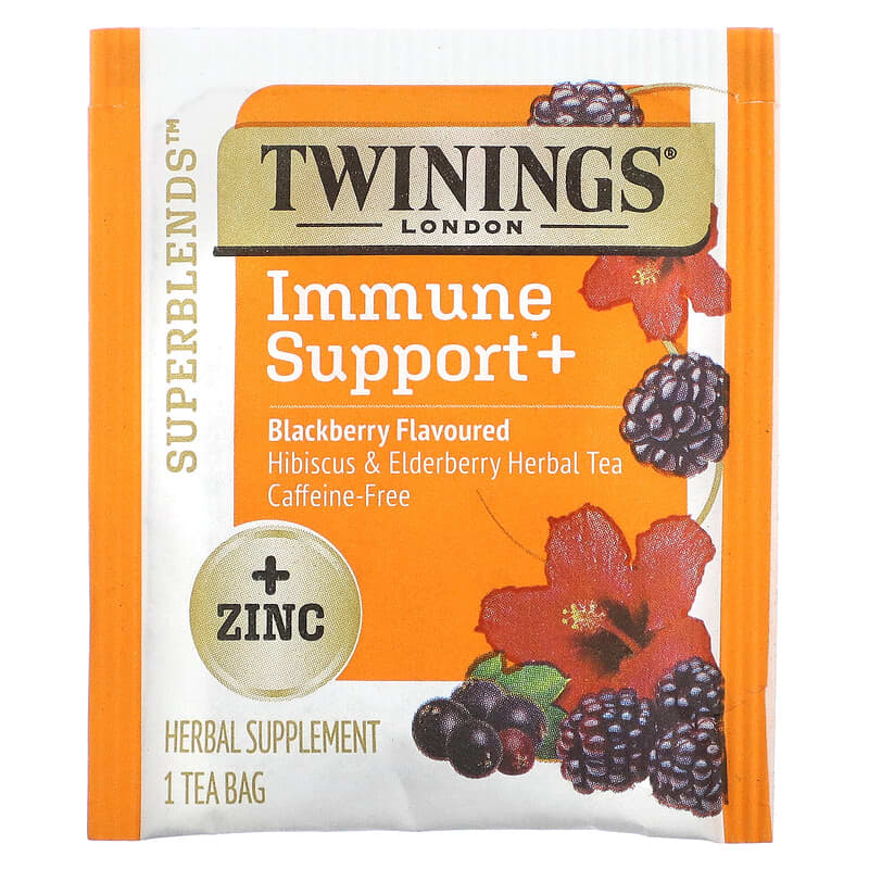 Twinings, Superblends, Immune Support+, Hibiscus & Elderberry Herbal Tea, Blackberry, Caffeine-Free, 16 Tea Bags, 1.12 oz (32 g)