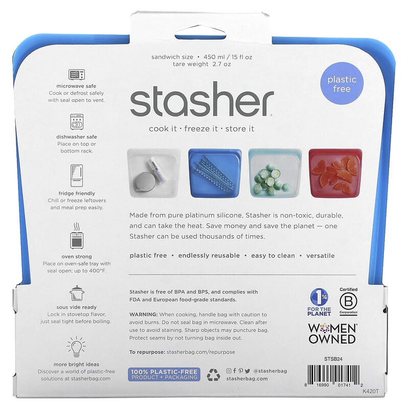 Stasher, Reusable Silicone Storage Bag, Sandwich Size, Blueberry, 15 fl oz (450 ml)