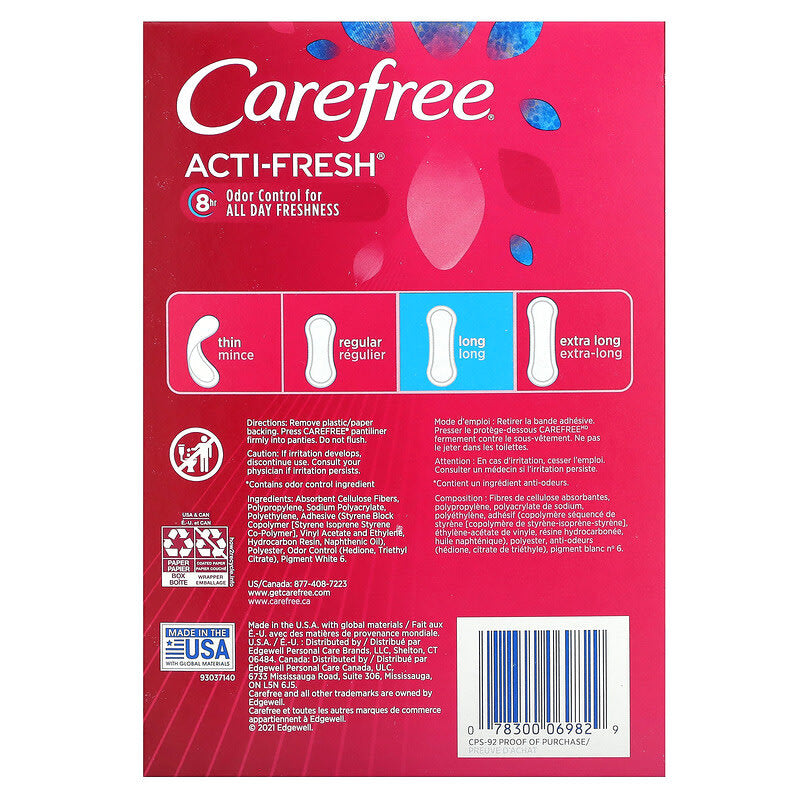 Carefree, Acti-Fresh, Daily Liners, Long, Unscented, 92 Liners